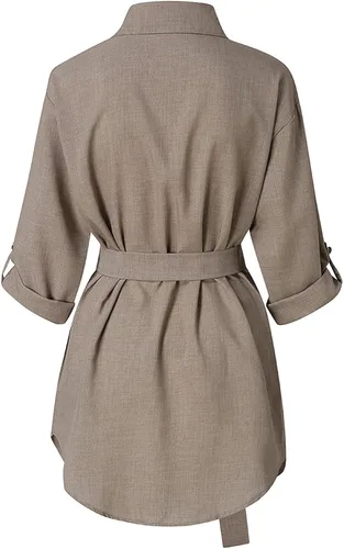 Vista 4 de FOVIGUO Vestido sexy de manga larga con botones para mujer, vestido de gasa con solapa y cinturón
