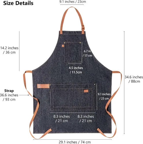 Vista 4 de Delantal de mezclilla con bolsillos, delantal alto con pechera grande con lazos largos ajustables, regalos para hombres y mujeres