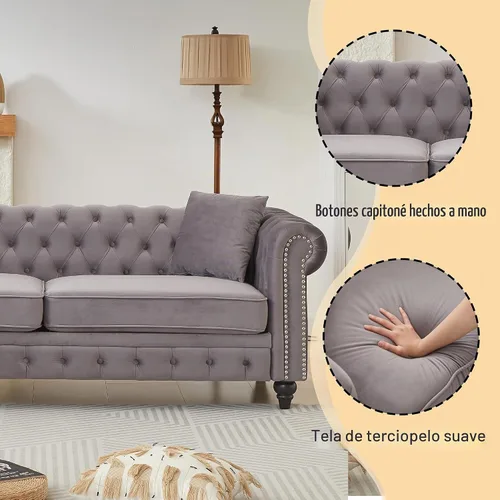 Vista 3 de Sofá Chesterfield de terciopelo grande de 85.5 pulgadas, sofá moderno de 3 plazas con brazos enrollados con diseño de botón y 2 cojines para sala