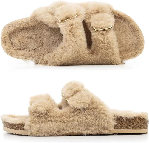 Vista 4 de FITORY Womens Open Toe Slipper with Cozy LiningFaux Rabbit Fur Cork Slide Sandals Size 6-11
