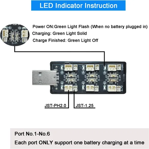 Vista 3 de 1S LiPo - Cargador USB de 6 canales 3.7V/4.20V, compatible con batería Tiny Whoop EMAX Tinyhawk, proyectos de bricolaje, conectores JST-PH2.0