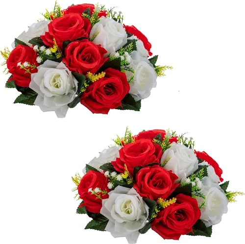 Vista 8 de 2 ramos de flores falsas, 15 cabezas de rosas de plástico con base, flores artificiales para ramos de boda, centros de mesa, fiesta, día de San