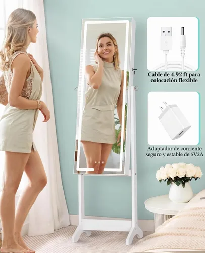 Vista 3 de LUXFURNI - Espejo de pie LED con cerradura con almacenamiento, armario de Blanco paloma