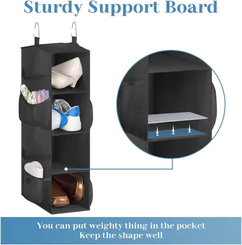 Vista 6 de SLEEPING LAMB Organizador corto de zapatos colgante para almacenamiento en armario con bolsillos laterales de malla con capacidad para 8 pares, Negro