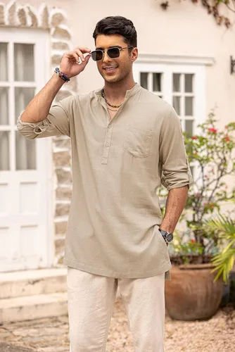 Vista 2 de COOFANDY Camisas Henley de lino para hombre, manga larga, ajuste regular, camisetas de playa Kurta con bolsillo