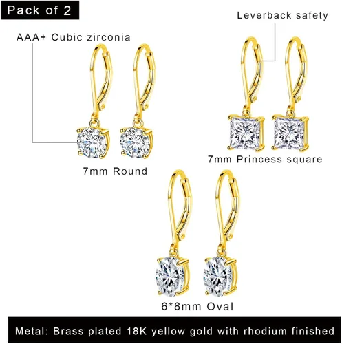Vista 6 de Juego de aretes colgantes para mujer, chapados en oro de 18 quilates, aretes colgantes de circonita cúbica, hipoalergénicos, regalos para ella