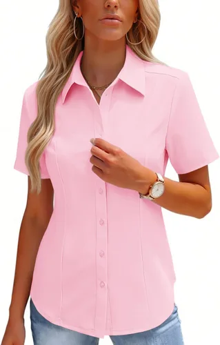 Vista 14 de HOTOUCH Camisas con botones para mujer, manga corta, elástica, sin arrugas, blusas formales de trabajo, blusas de verano, tallas S-2XL