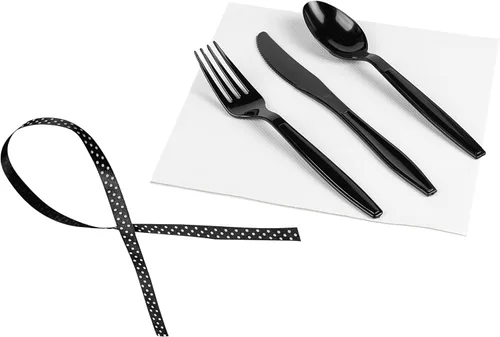Vista 2 de Restaurantware - Juego de cubiertos desechables de 7.3 x 2 pulgadas, 100 juegos de cubiertos de plástico - Cinta de lunares, envuelta