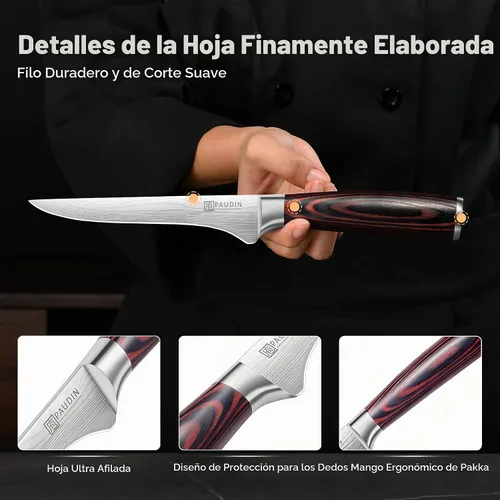 Vista 3 de PAUDIN Cuchillo deshuesador de 6 pulgadas, cuchillo de filete súper afilado, cuchillo de deshuesado alemán de acero inoxidable de alto carbono