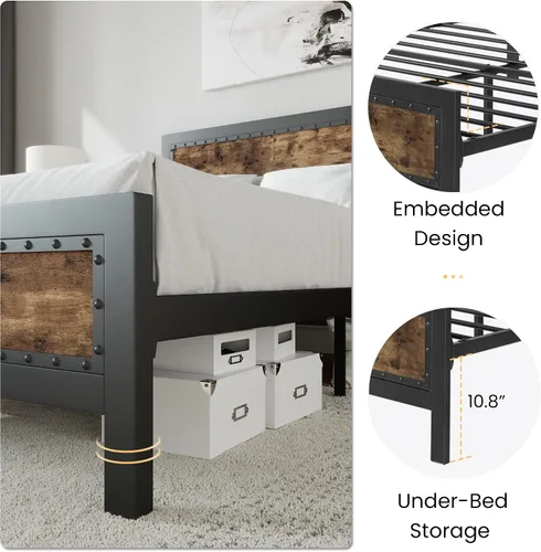 Vista 4 de SHA CERLIN Marco de cama gris de metal tamaño completo, base de plataforma de madera industrial con cabecero y pie de cama con remaches, no necesita