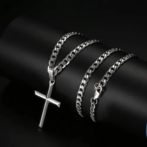 Vista 5 de Milacolato Collar de cruz de plata de ley 925 para hombres y mujeres con acero inoxidable corte de diamante, cadena de eslabones cubanos delicado