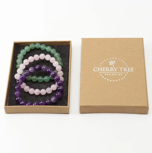 Vista 2 de Cherry Tree Collection Gemstone - Small, Medium, Large Sizes - 3 Beaded Bracelet Set With Gift Box - Bracelets For Men, Women, and Teens - 8mm Beads