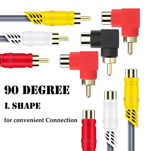 Vista 5 de Conectores RCA macho a hembra en ángulo recto, paquete de 12 adaptadores RCA M/F de 90 grados, codo chapado en oro (6 negros + 6 rojos)