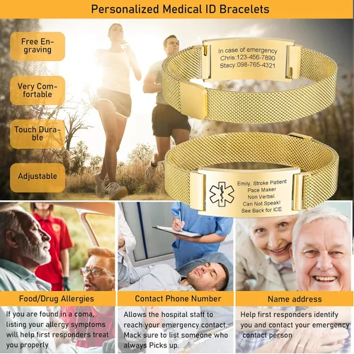 Vista 35 de VNOX Pulsera de identificación de alerta médica para hombres y mujeres, pulseras de alerta médica con grabado personalizado para mujeres y hombres