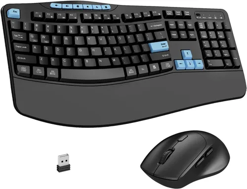 Vista 12 de Combo de teclado y mouse inalámbricos, teclado ergonómico con 6 teclas multimedia, teclado de tamaño completo 2.4G con reposamuñecas, mouse