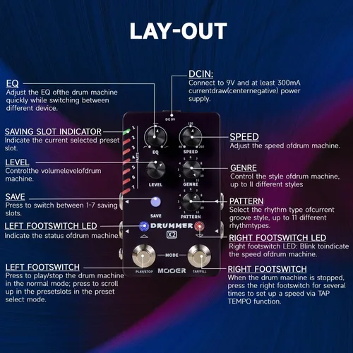 Vista 6 de Pedal de guitarra con máquina de batería MOOER con 121 ritmos de batería, 11 estilos musicales, 7 ranuras de ritmo, función de relleno, botón