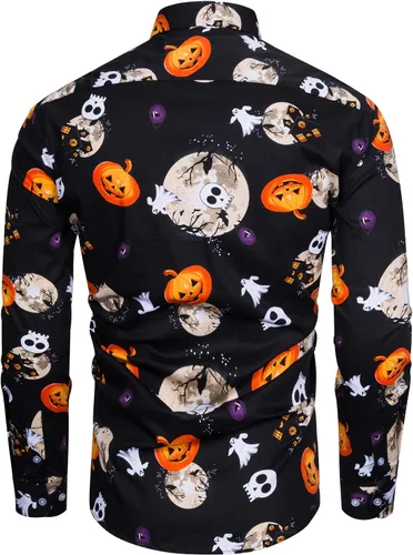 Vista 2 de fohemr Camisa divertida de Halloween para hombre, diseño de calabaza fea, manga larga, casual, con botones, disfraz de adulto para fiesta