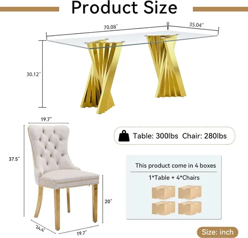 Vista 4 de Juego de mesa de comedor de cristal dorado de 5 piezas, 70 pulgadas, rectangular, moderna, para cocina y comedor, juego para 4, mesa de comedor