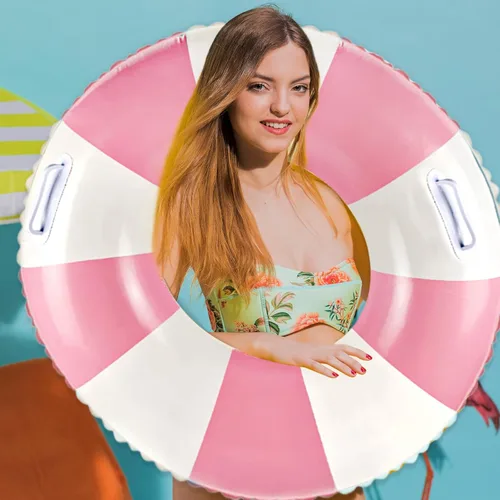 Vista 5 de Flotadores clásicos de piscina a rayas con asa, tubos inflables de rayas azules y blancas para anillos de natación grandes flotantes para adultos