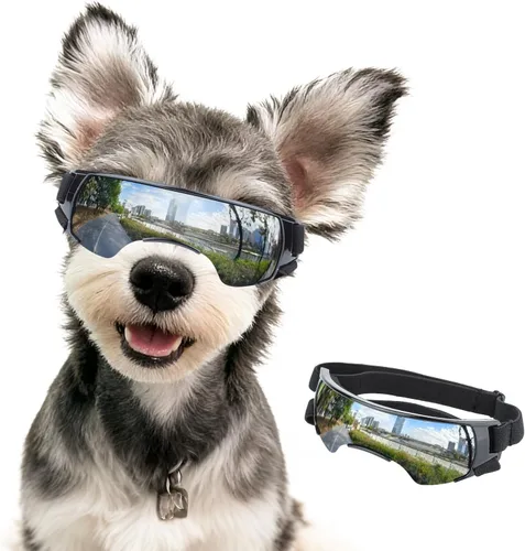 Vista 6 de Gafas de sol para perros pequeños con correas ajustables, lentes de sol anti-UV para perros, resistentes al viento, protección ocular para razas