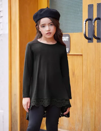 Vista 3 de Arshiner - Blusa tipo túnica para niñas, casual, básica, suelta, suave, con movimiento, de manga larga, camiseta tipo playera Negro (C Black)