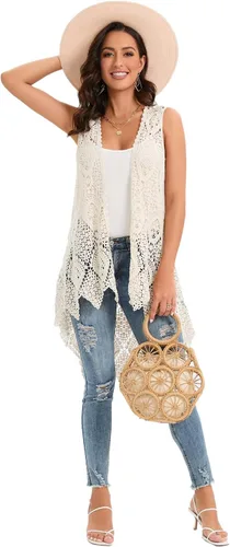 Vista 5 de Chaleco de encaje de ganchillo para mujer, estilo bohemio, sin mangas, kimono con dobladillo irregular