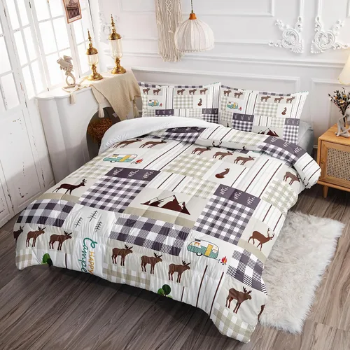 Vista 3 de Datura Home - Juego de edredón Happy Camper - Juego de cama rústico con estampado de cabaña y ciervos con 1 edredón y 2 fundas de almohada
