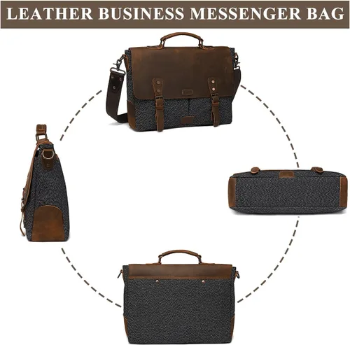 Vista 5 de VASCHY Bolsa de mensajero para hombre, bolso de lona de tweed de cuero vintage de 15.6 pulgadas para laptop de negocios, bolsa de hombro cruzada