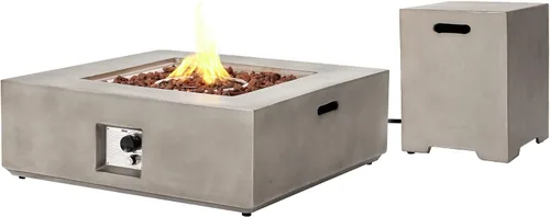 Vista 25 de SUNBURY Mesa de fuego de propano para exteriores de 35 pulgadas, mesa de fuego gris para patio de 50,000 BTU, mesa de fuego cuadrada de gas