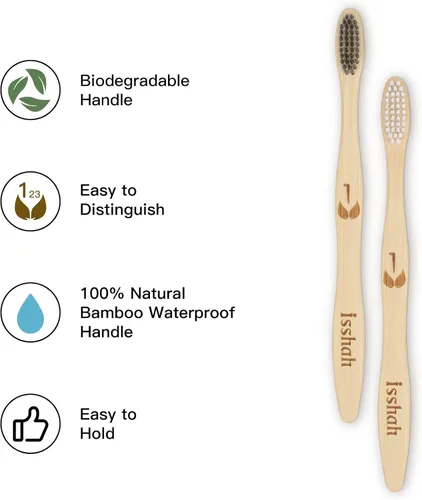 Vista 10 de Isshah Cepillos de dientes de carbón de bambú natural biodegradables, ecológicos, certificado FSC y aprobado por PETA, 12 unidades Aprobado por