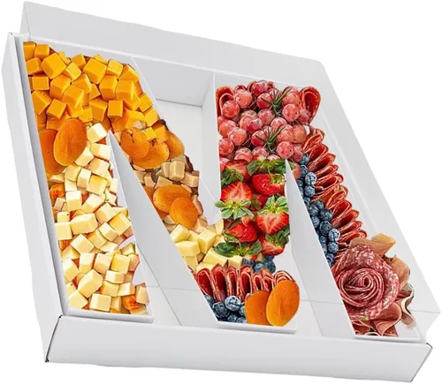 Vista 24 de Bandeja de papel rellenable de 12.5 pulgadas con números y letras de cartón, tablero de charcutería, bandeja para cupcakes dulces, caja decorativa