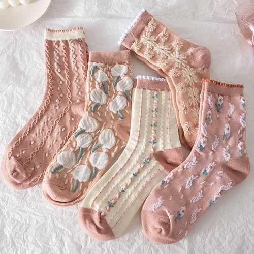 Vista 23 de Juego de 6 pares de calcetines de algodón transpirables de punto floral para mujeres y niñas