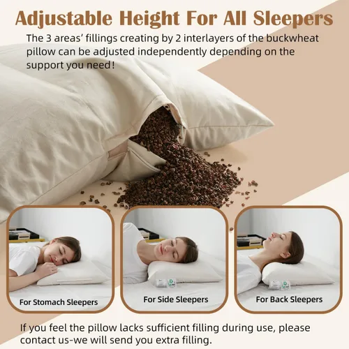 Vista 11 de Almohada de trigo sarraceno con funda de almohada de algodón orgánico, almohada de trigo sarraceno orgánico de 20 x 26 pulgadas con caja deflectora