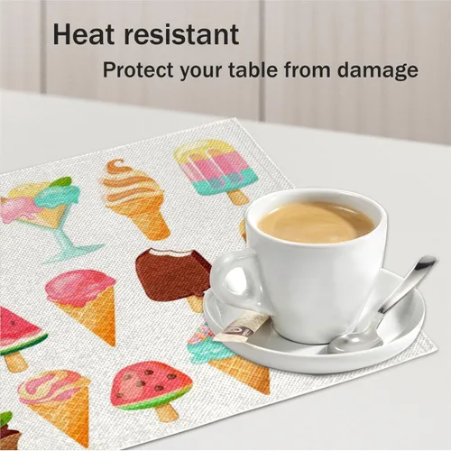 Vista 5 de Juego de 4 manteles individuales con diseño de helado de comida, lavables, impermeables, para decoración de mesa de comedor, 18 x 12 pulgadas