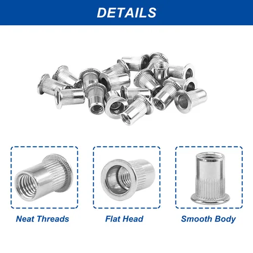 Vista 6 de Tuercas remachadoras de 1/4"-20 – 50 tuercas remachables de acero inoxidable, tuerca de inserción de cabeza plana con cuerpo moleteado
