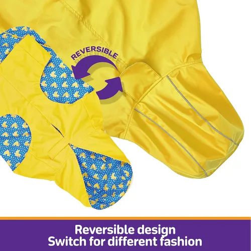 Vista 5 de Kimee - Impermeable reversible para perro, poncho protector de lluvia con capucha, chamarra impermeable ajustable con agujero para correa/tira