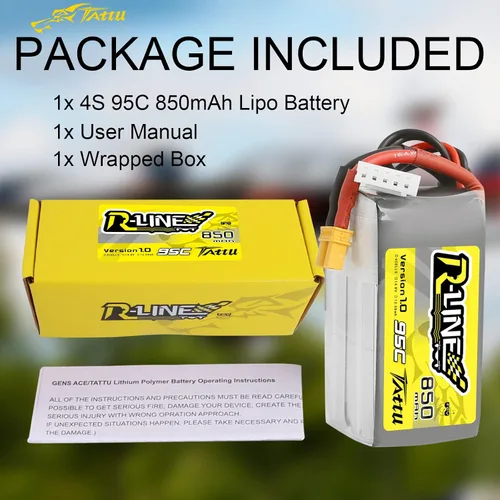 Vista 6 de Tattu Batería Lipo R-Line de 850mAh 4s 95C 14.8V con enchufe XT30