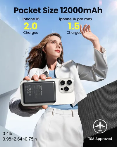 Vista 4 de para Magsafe Cargador Portátil Paquete de Batería - Banco de Energía Magnético de 12000mAh PD 22.5W USB C y Carga Rápida Inalámbrica de 15W Paquete