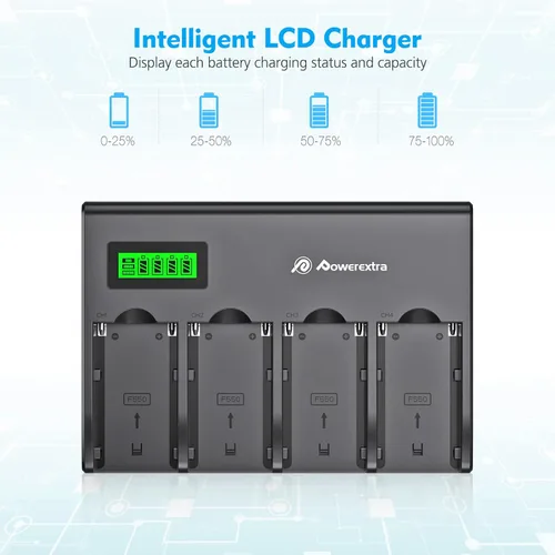 Vista 4 de Powerextra Cargador de batería de 4 canales con pantalla LCD para cámara Sony NP-F970, NP-F960, NP-F950, NP-F930, NP-F770, NP-F750, NP-F570, NP-F550