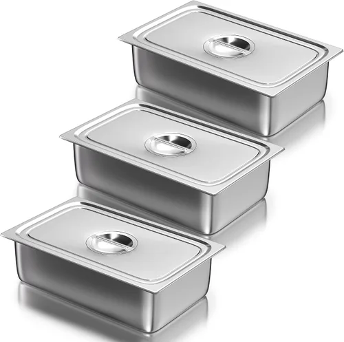 Vista 17 de WantJoin Recipientes Gastronómicos con Tapa 1/1 Tamaño Completo 4 Pulgadas de Profundidad Paquete de 3, Juegos de Bandejas de Metal de Acero