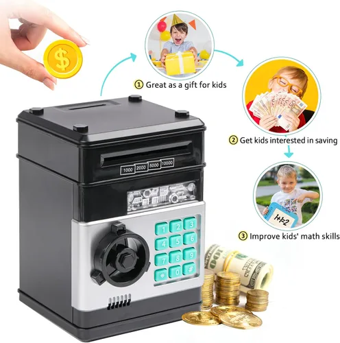 Vista 5 de Alcancía, Vcertcpl Caja de Ahorro de Monedas y Dinero ATM con Contraseña, Caja de Dinero Segura para Niños con Ranura para Billetes de Agarre