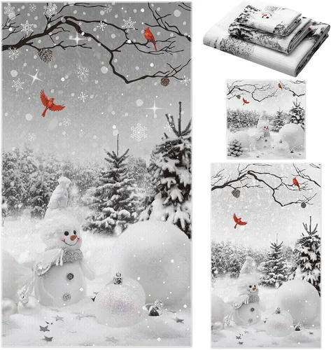Vista 28 de Preboun Juego de 3 toallas de baño navideñas de gnomo, toallas de mano con árbol de Navidad, toallas de baño con copos de nieve de invierno, toallas