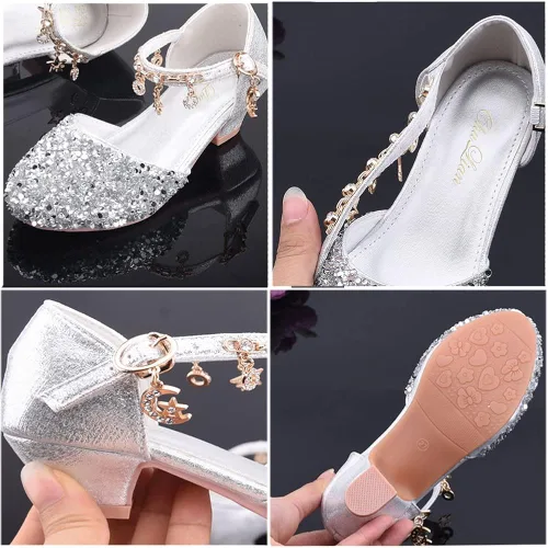 Vista 5 de ChuLian Sandalias para niñas con purpurina para niños, zapatos de vestir de tacón bajo con lentejuelas, sandalias de princesa para niñas pequeñas