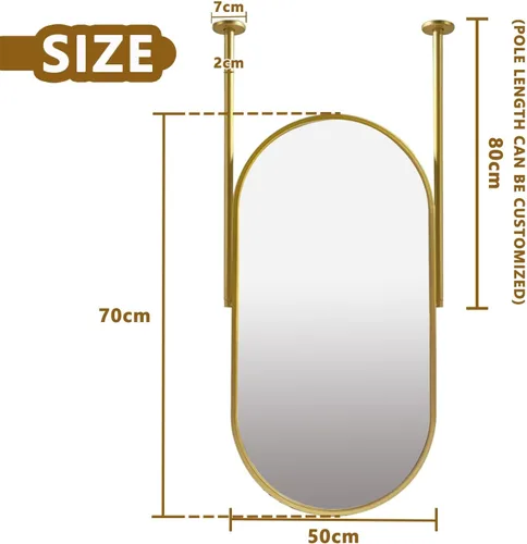 Vista 2 de Espejo de barra colgante de techo, espejos decorativos ovalados para pared, baño, tocador, maquillaje, espejo flotante con marco de metal dorado