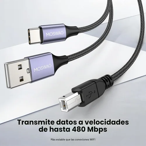 Vista 5 de MOSWAG Cable de impresora USB 2en1 de 3.28 pies/1M con cable USB C a MIDI, cable de impresora, cable USB MIDI USB C a USB B MIDI, cable, compatible