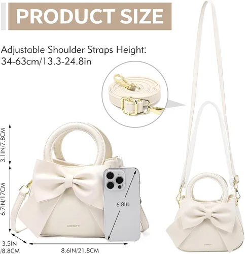 Vista 7 de Bolsos pequeños para mujeres tipo bandolera, bolso cruzado de cuero vegano y carteras con asa superior de transporte y lindo nudo de lazo