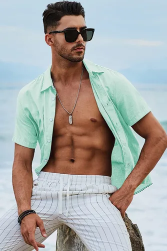 Vista 221 de JMIERR Camisas de vestir a rayas con botones y manga corta para hombre