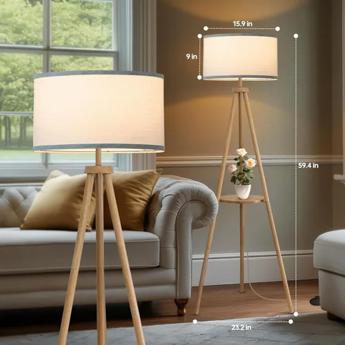 Vista 2 de EOEYYOYB Lámpara de pie con 3 modos de luz ajustables: lámpara de pie con trípode de madera, moderna lámpara de pie LED con brillo regulable