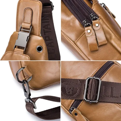 Vista 5 de Hebetag Bolso bandolera de cuero casual para hombres y mujeres, para viajes al aire libre, senderismo, campamento, hombro, pecho