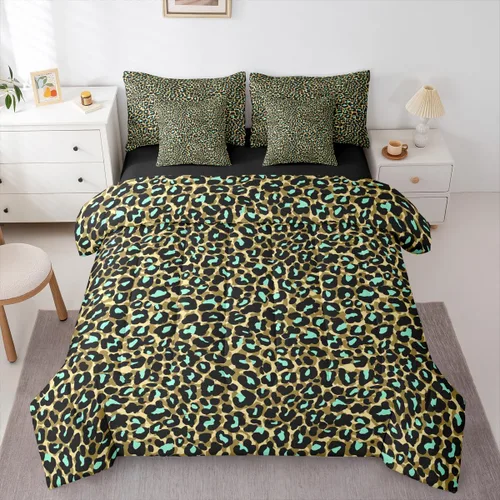 Vista 13 de Erosebridal Juego de edredón de 7 piezas con estampado de leopardo, tamaño Queen, juego de ropa de cama súper suave con estampado de guepardo, juego
